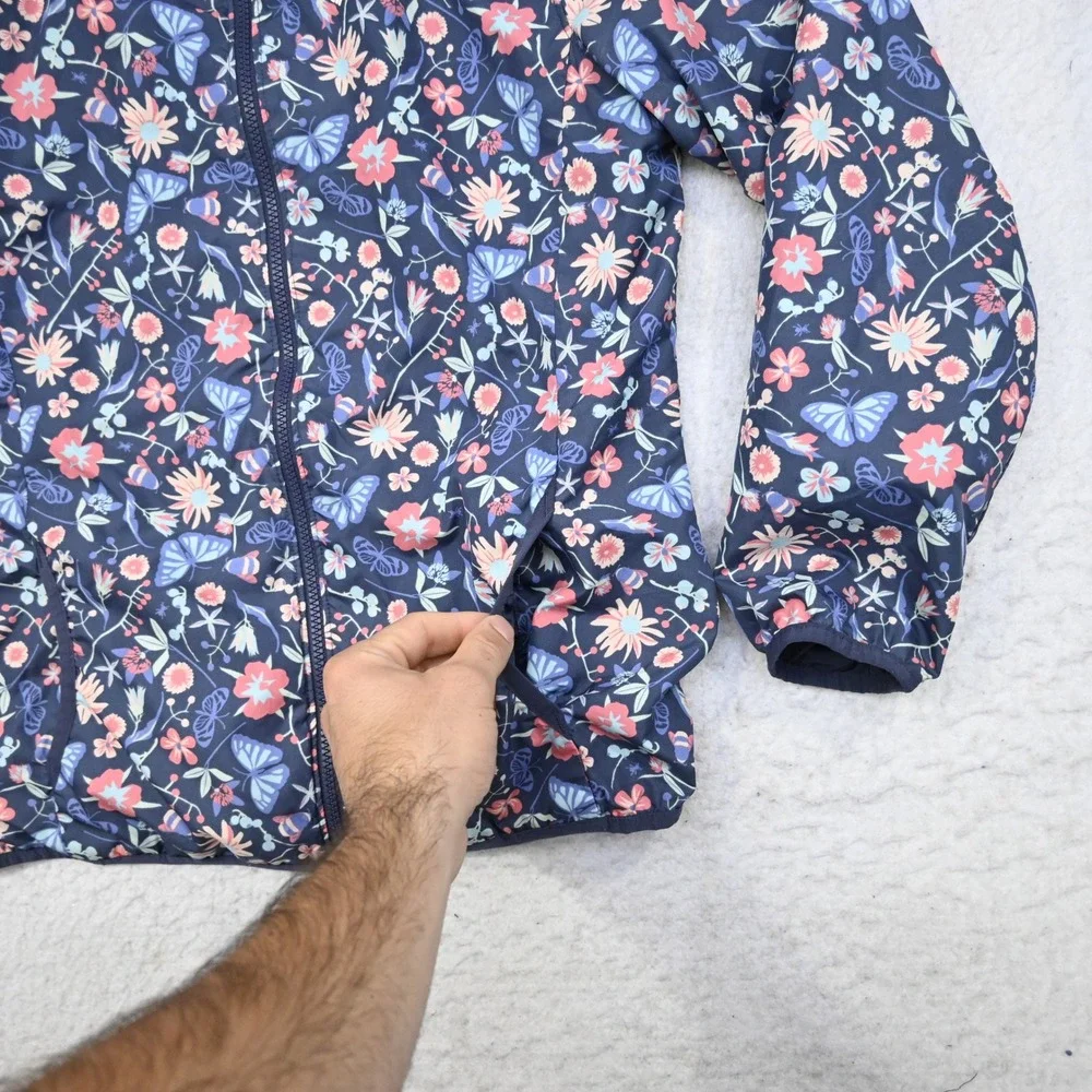 Columbia Reversible Jacket Girls XL (18/20) Navy Blue Floral Butterfly Hooded - Picture 7 of 14